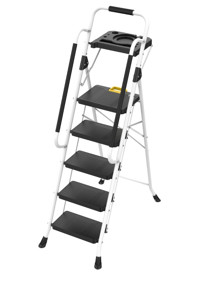 Liberti 5 Step Ladder with Handrails, Folding Step Stool Portable Steel Ladder for Adults for Home Kitchen Library Office, White - Image 1